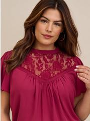 Georgette With Lace Detail Flutter Sleeve Top, BEAUJOLAIS BURGUNDY, alternate