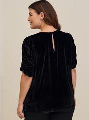 Plus Size Velvet Ruched Sleeve Top, DEEP BLACK, alternate
