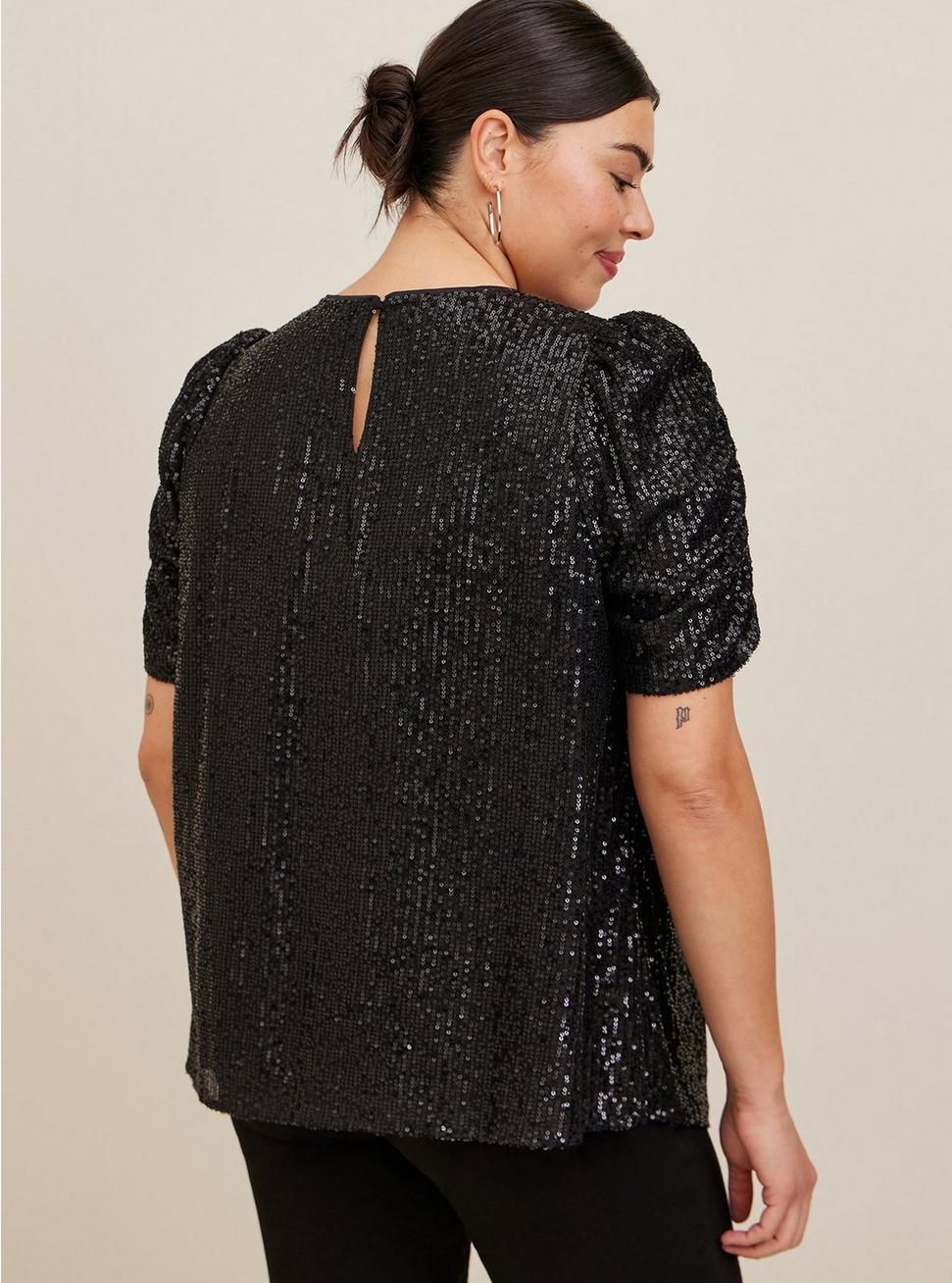 Plus Size Sequin Ruched Sleeve Top, DEEP BLACK, alternate