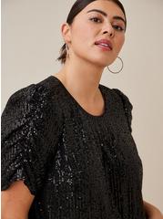 Plus Size Sequin Ruched Sleeve Top, DEEP BLACK, alternate