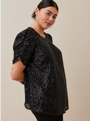 Plus Size Sequin Ruched Sleeve Top, DEEP BLACK, hi-res