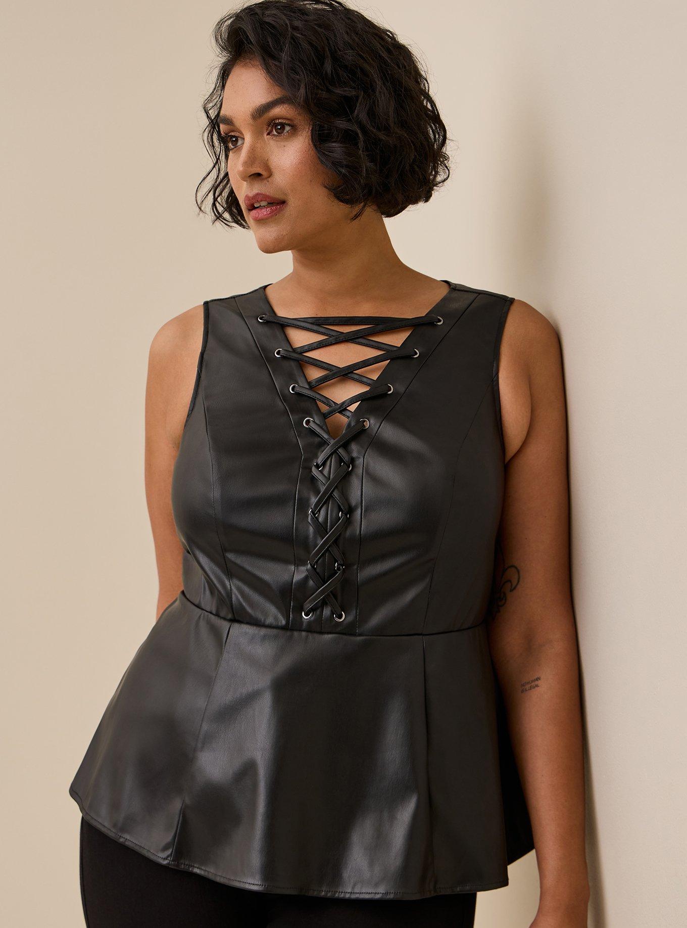 Plus Size - Peplum Faux Fur Leather Lace Up Top - Torrid