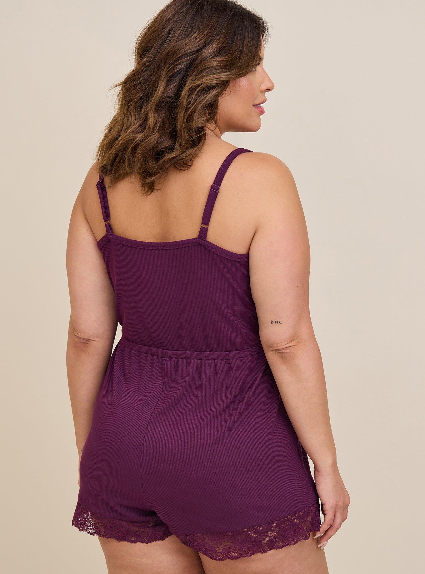 Super Soft Rib Lace Trim Sleep Romper, POTENT PURPLE, alternate