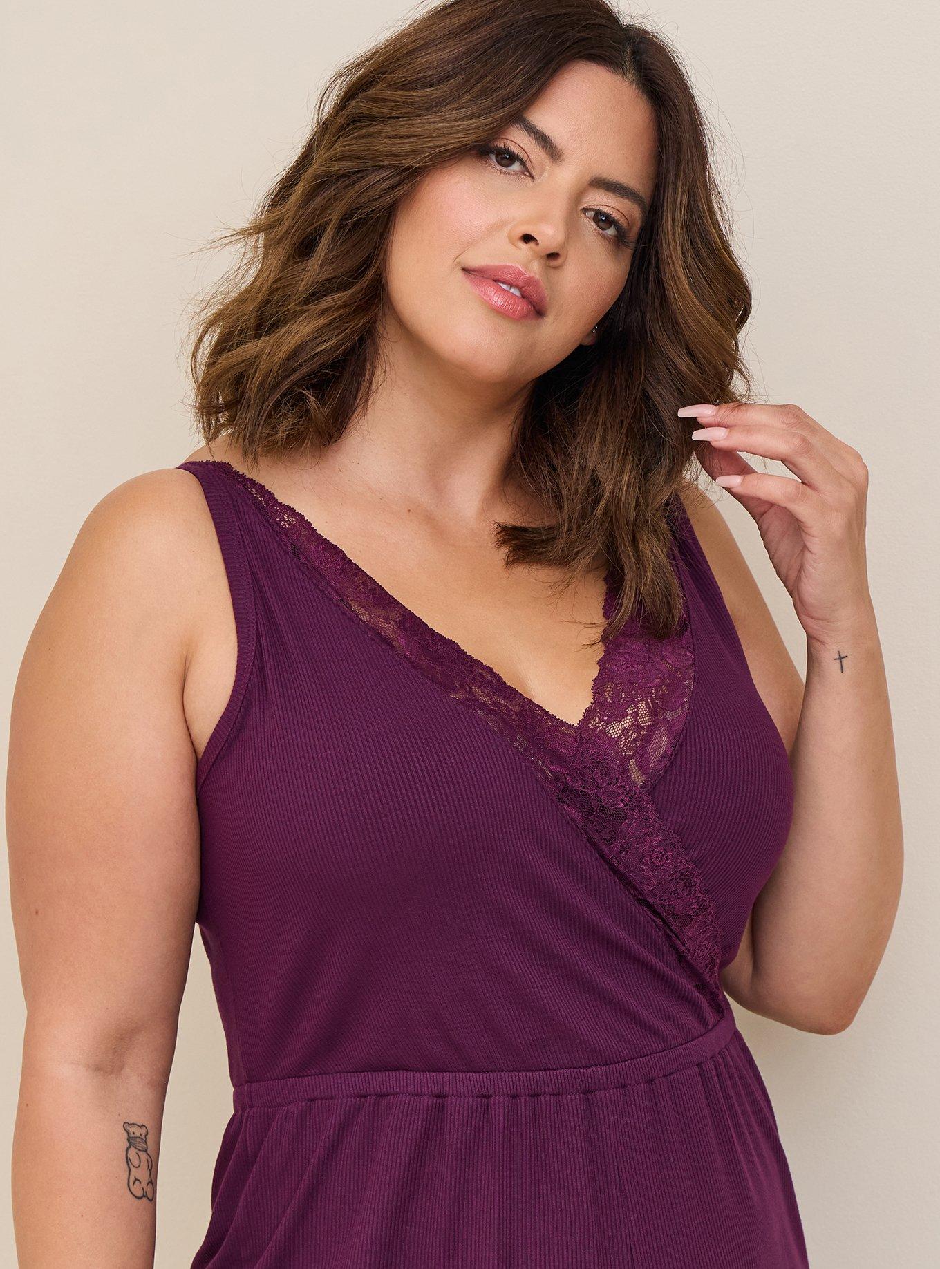 Super Soft Rib Lace Trim Sleep Romper, POTENT PURPLE, alternate