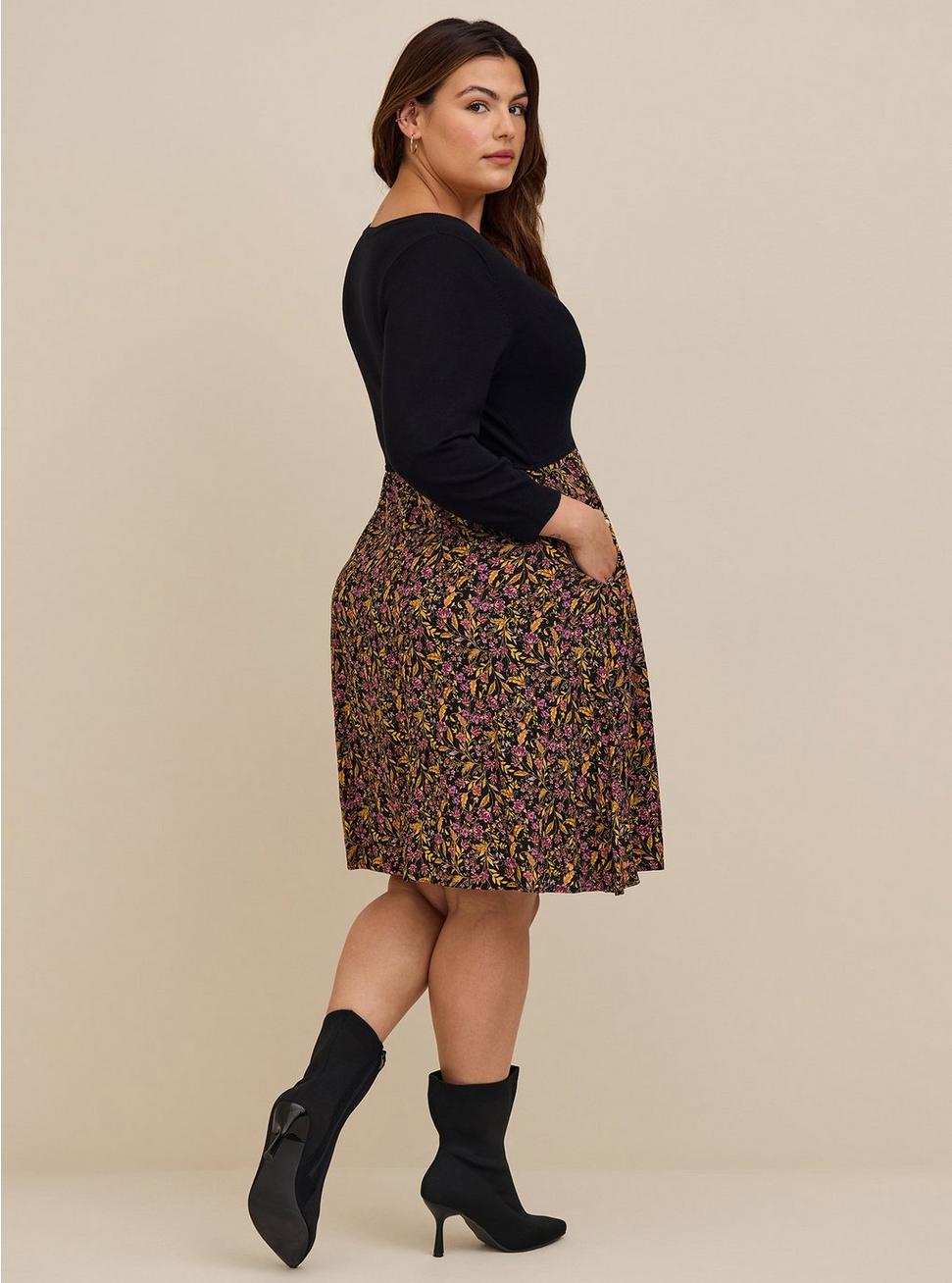 Mini Sweater Knit & Challis Woven Dress, FLORAL BLACK, alternate