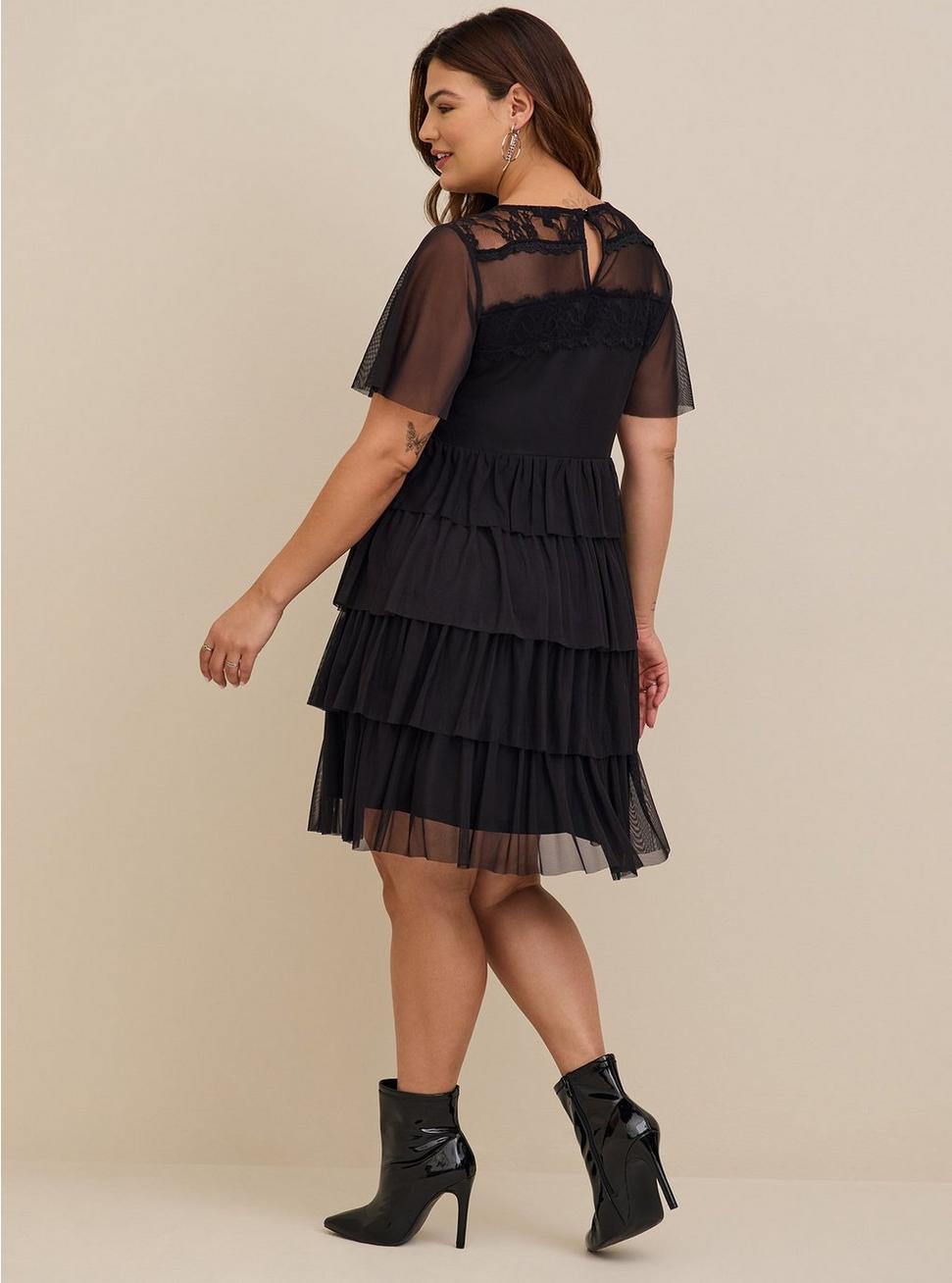 Mini Mesh & Lace Tiered Dress, DEEP BLACK, alternate