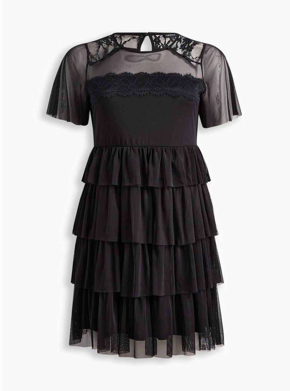 Mini Mesh & Lace Tiered Dress, DEEP BLACK, hi-res