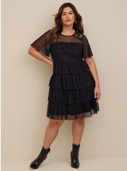 Mini Mesh & Lace Tiered Dress, DEEP BLACK, hi-res