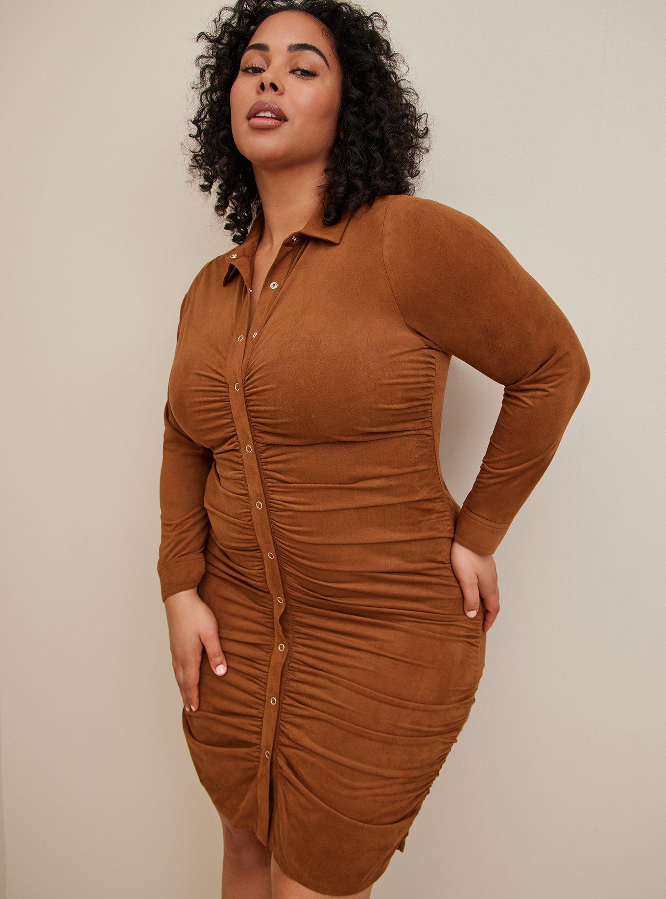 Mini Faux Suede Shirtdress, BROWN, hi-res