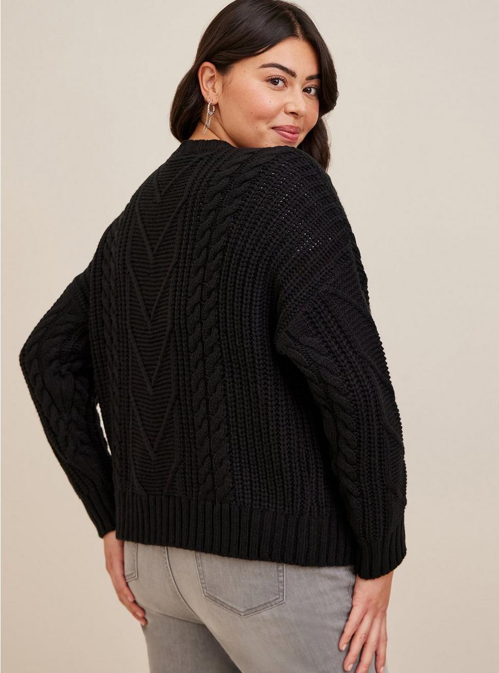 Cable Cardigan V-Neck Sweater, BLACK, alternate