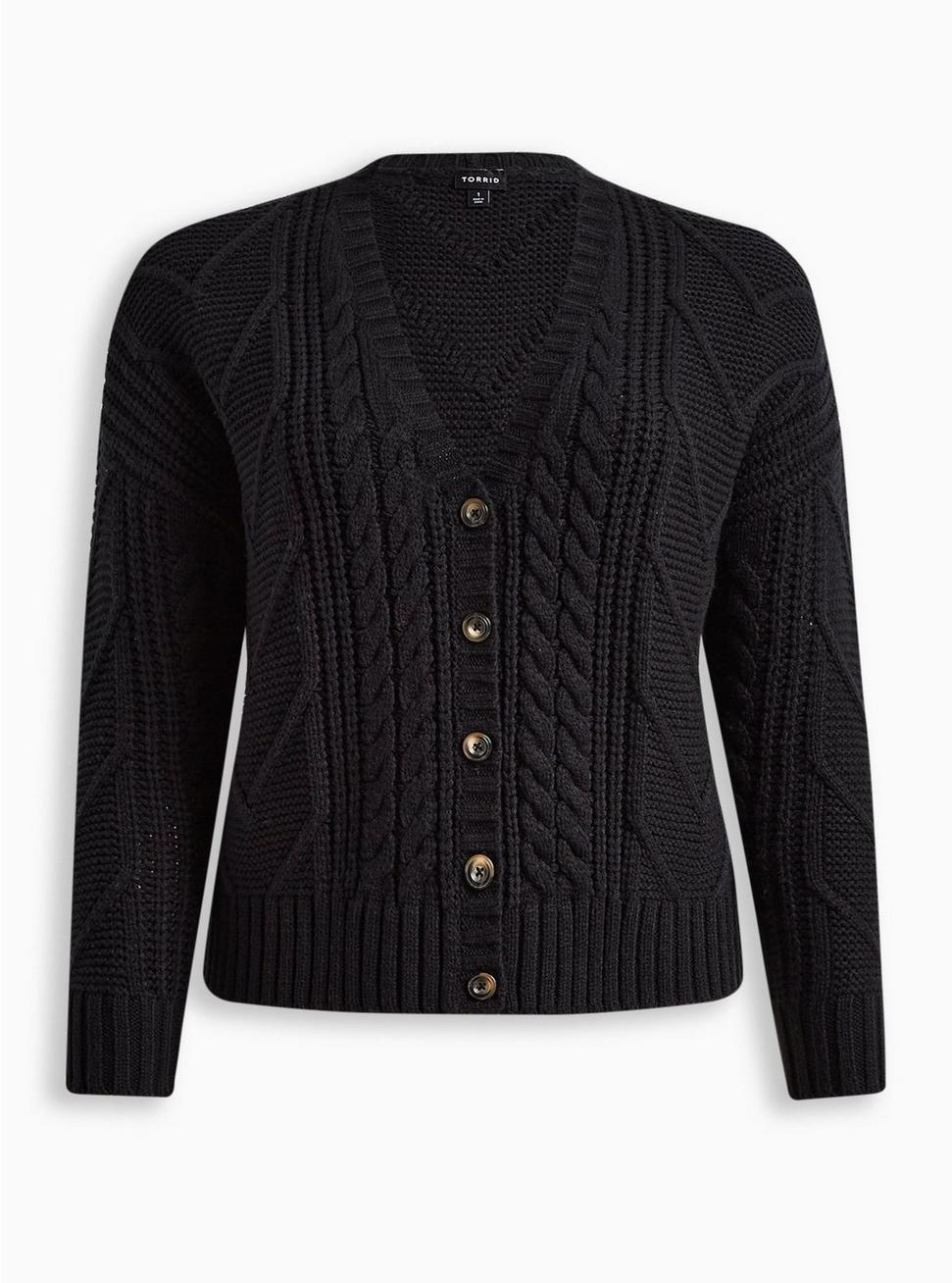 Cable Cardigan V-Neck Sweater, BLACK, hi-res