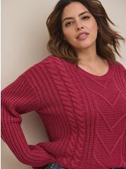 Cable Pullover Tie Back Sweater, RED, alternate
