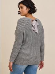 Cable Pullover Tie Back Sweater, HEATHER GREY, alternate