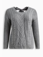 Cable Pullover Tie Back Sweater, HEATHER GREY, hi-res