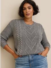 Cable Pullover Tie Back Sweater, HEATHER GREY, hi-res