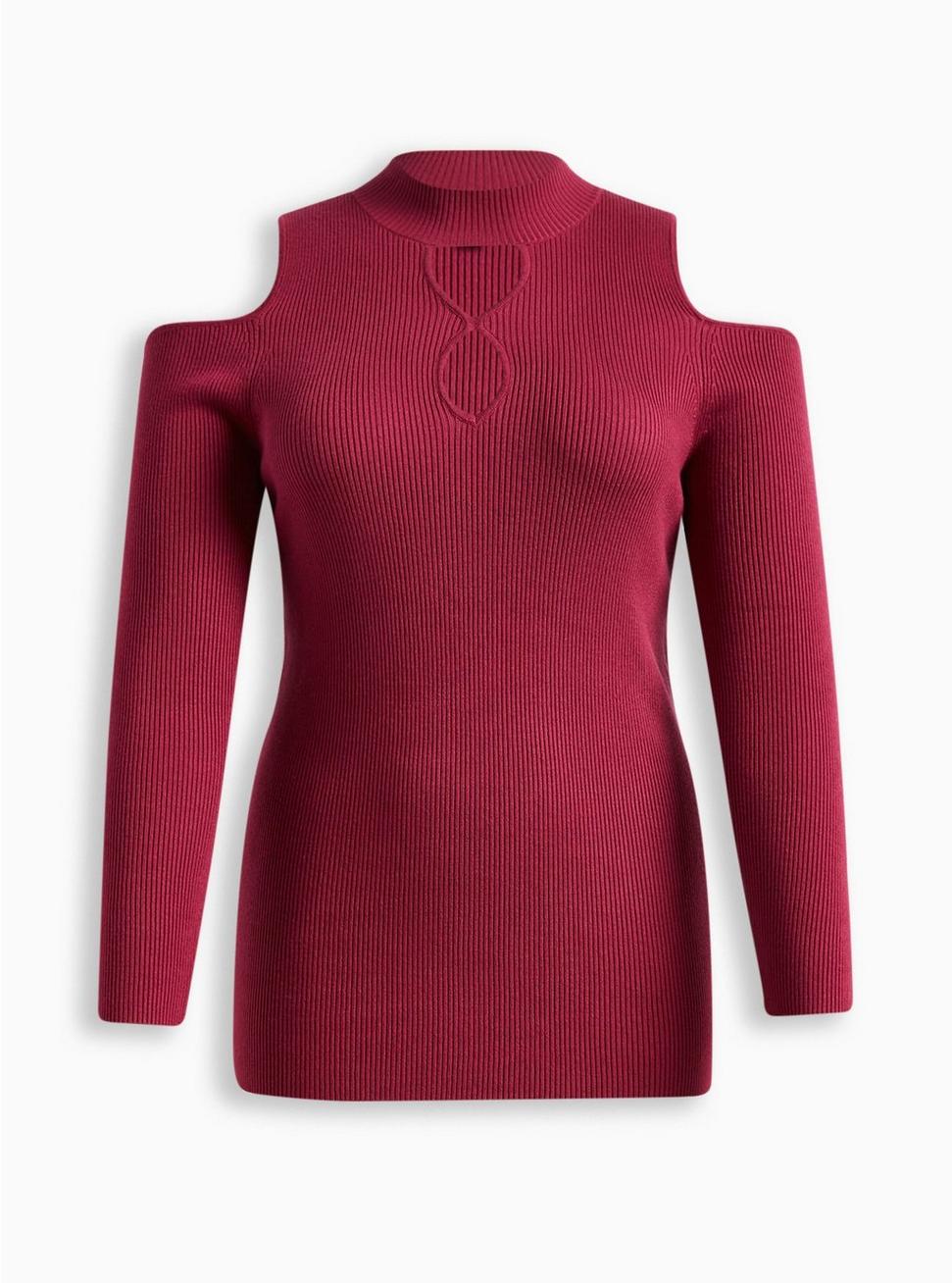 Pullover Mock Neck Cold Shoulder Fitted Sweater, RED, hi-res