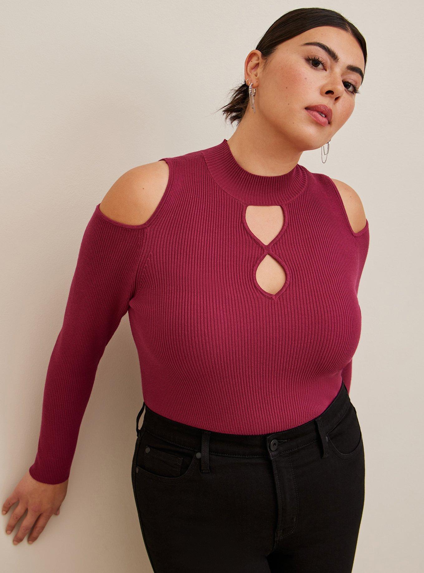 Pullover Mock Neck Cold Shoulder Fitted Sweater