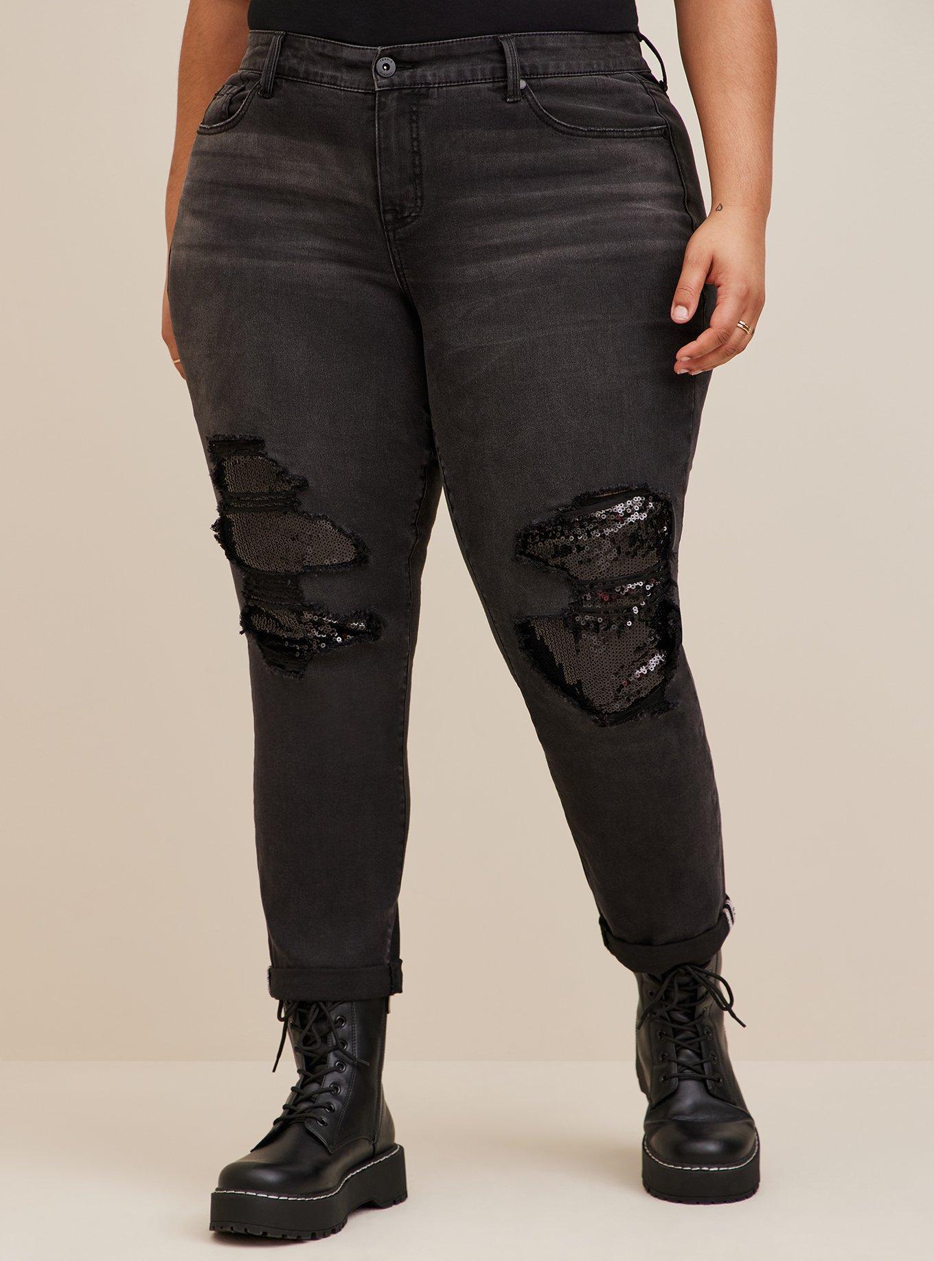 Plus Size Boyfriend Straight Vintage Stretch Mid-Rise Sequin