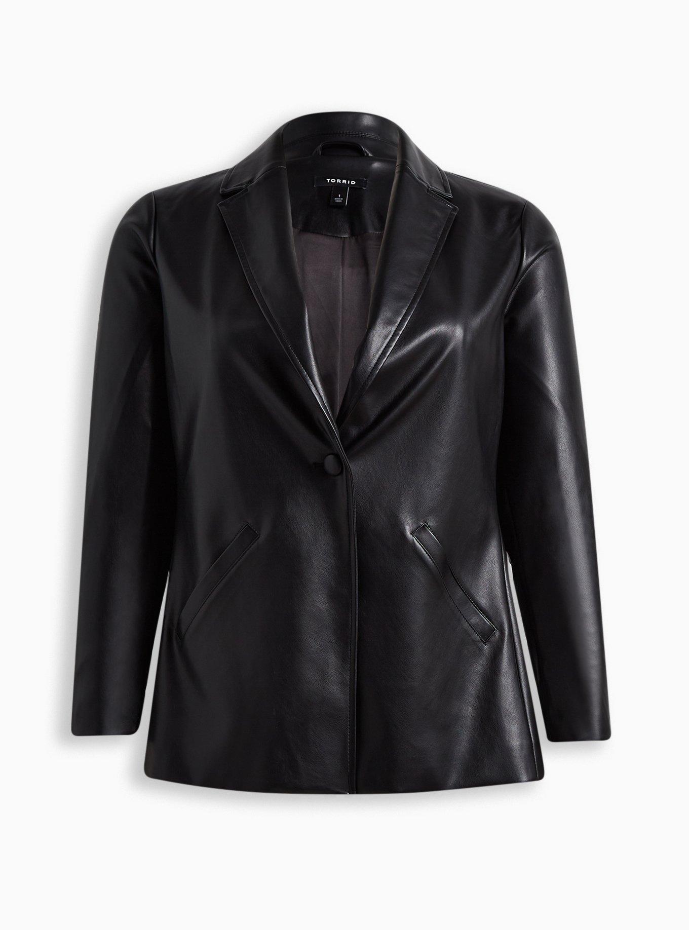 Faux Leather Long Line Blazer, DEEP BLACK, hi-res
