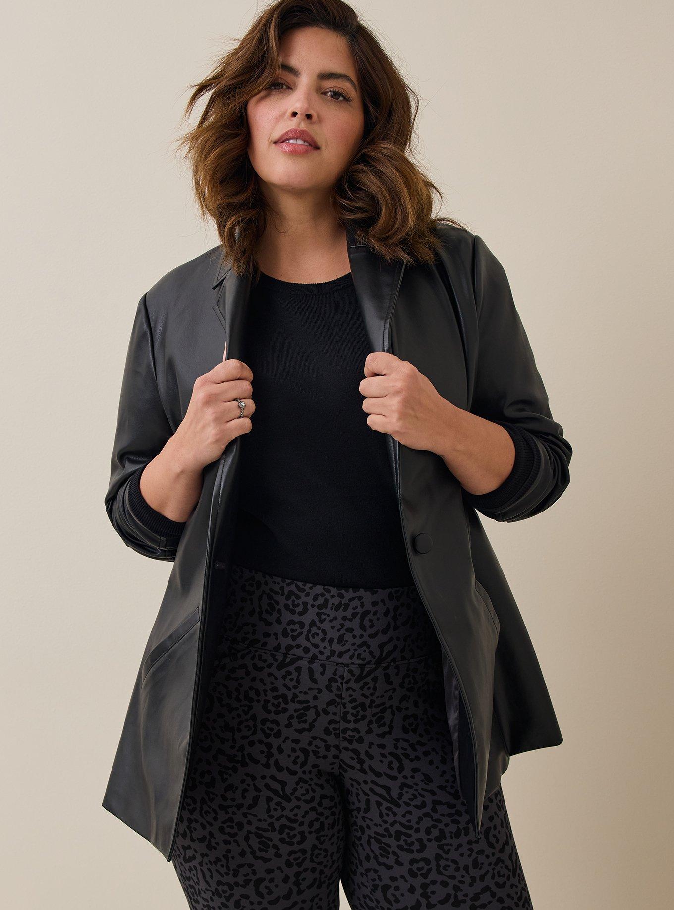 Faux Leather Long Line Blazer, DEEP BLACK, hi-res