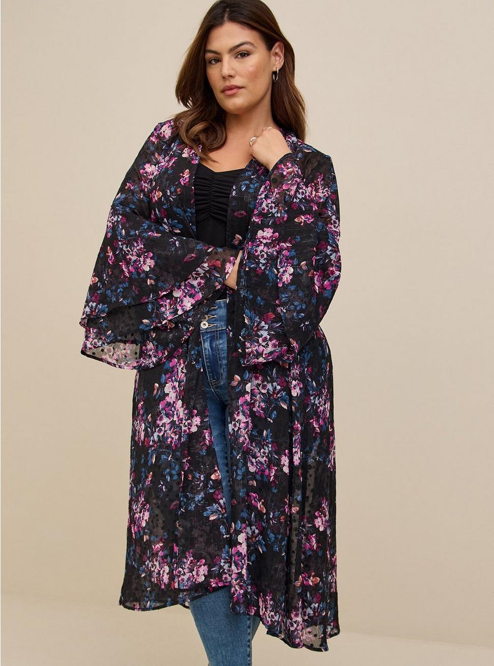 Plus Size Lurex Chiffon Maxi Kimono , FLORAL BLACK, alternate