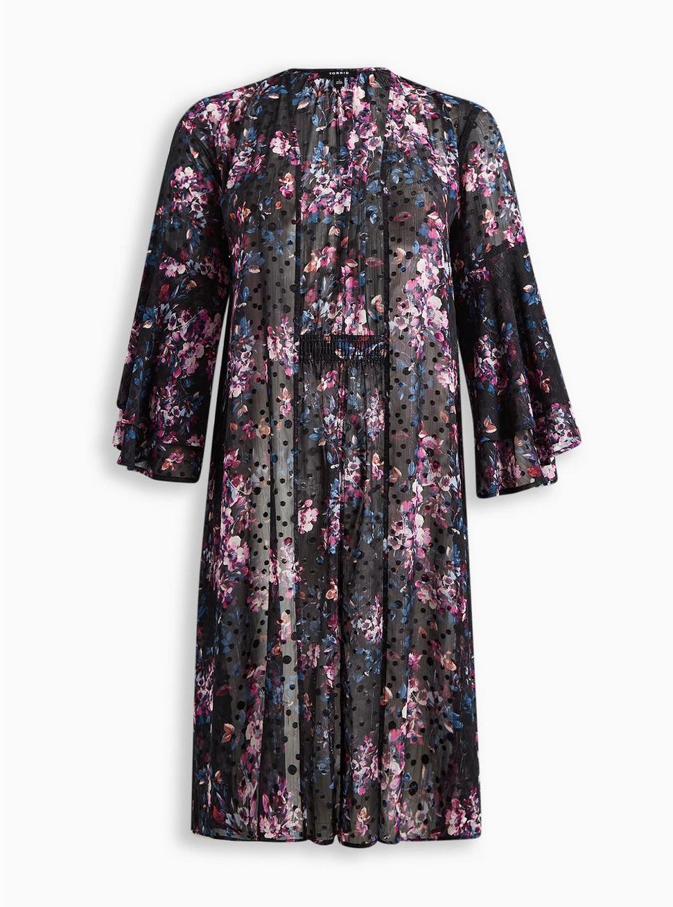Plus Size Lurex Chiffon Maxi Kimono , FLORAL BLACK, hi-res
