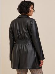 Plus Size Faux Leather Tie Waist Jacket, DEEP BLACK, alternate