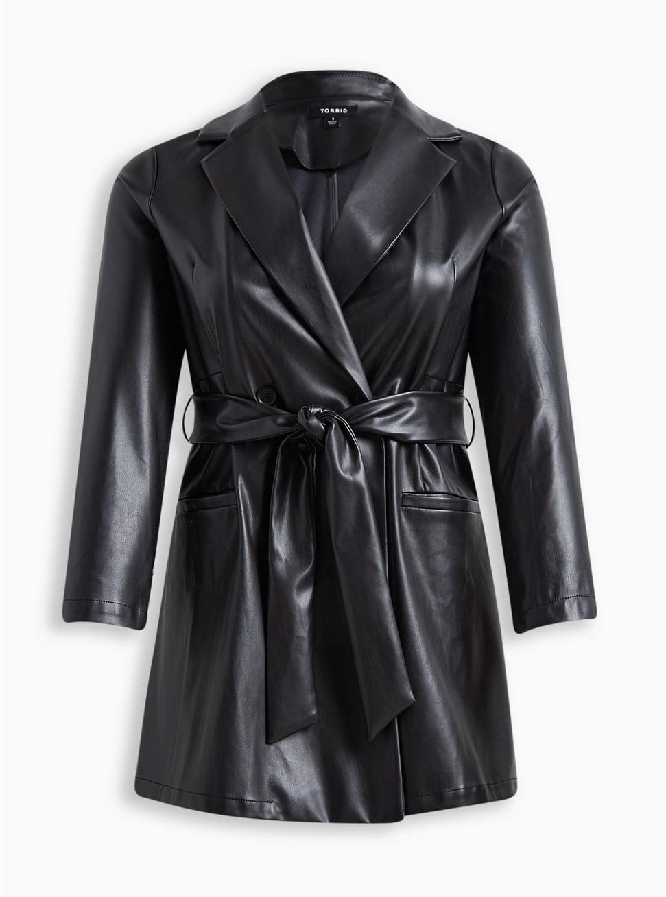 Plus Size Faux Leather Tie Waist Jacket, DEEP BLACK, hi-res