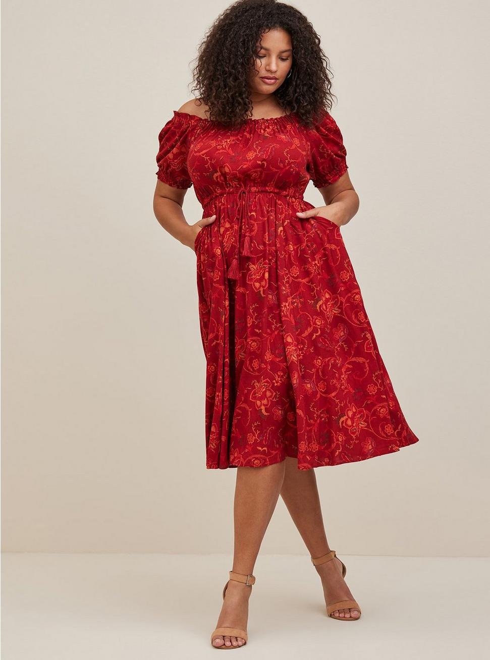 Midi Rayon Twill Off Shoulder Peasant Dress, FLORAL RED, alternate