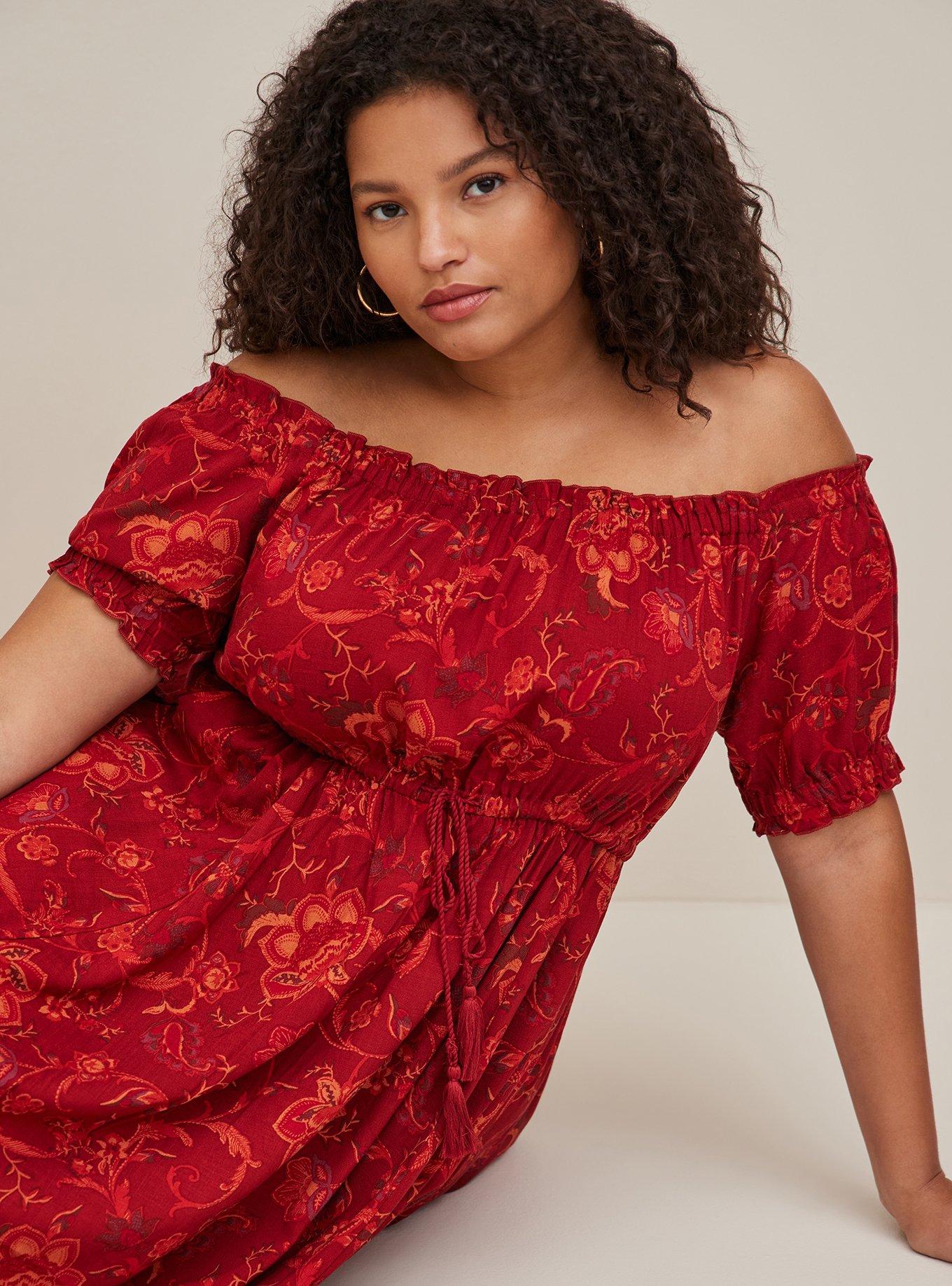 Plus Size Midi Rayon Twill Off Shoulder Peasant Dress Torrid