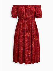 Midi Rayon Twill Off Shoulder Peasant Dress, FLORAL RED, hi-res