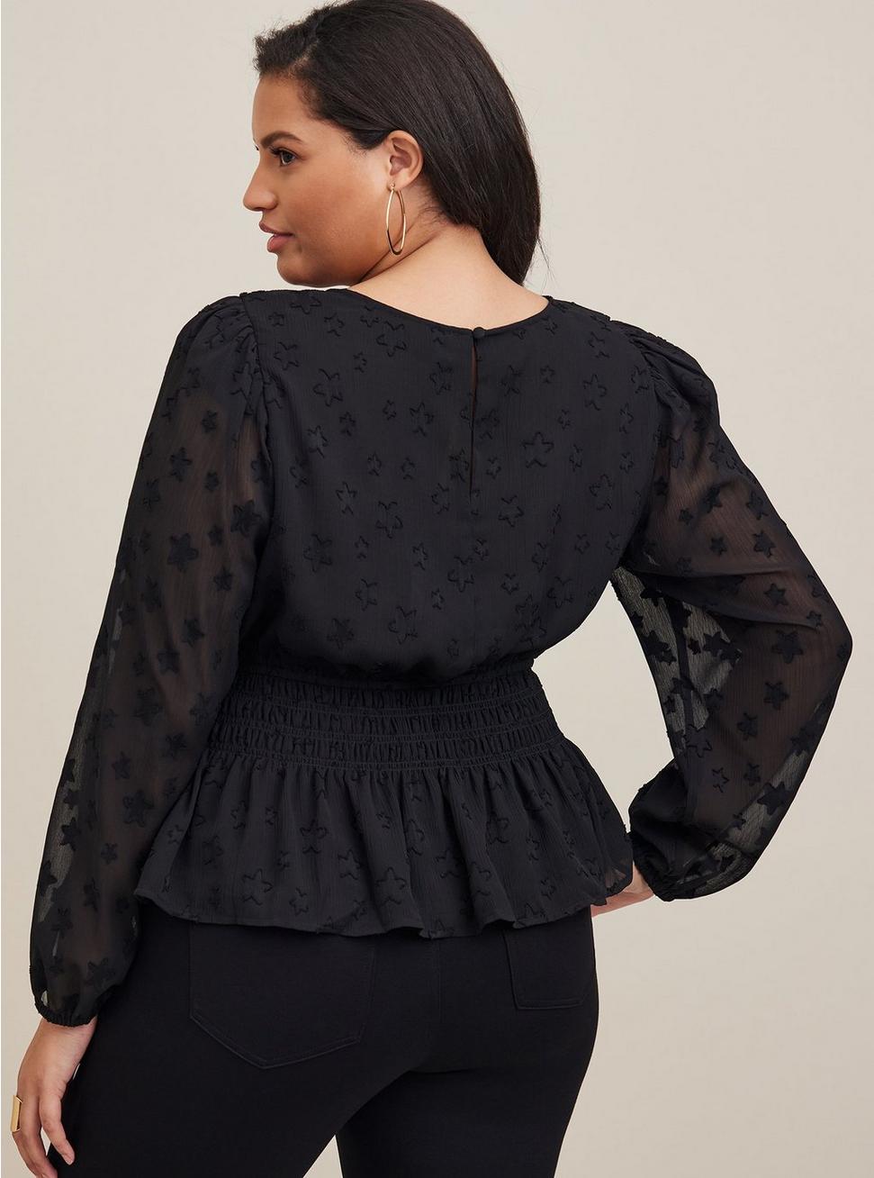 Plus Size - Crinkle Chiffon With Star Smocked Waist Puff Sleeve Top ...