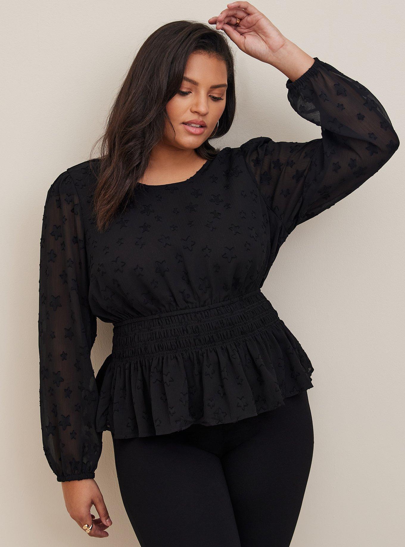 Plus Size - Crinkle Chiffon With Star Smocked Waist Puff Sleeve