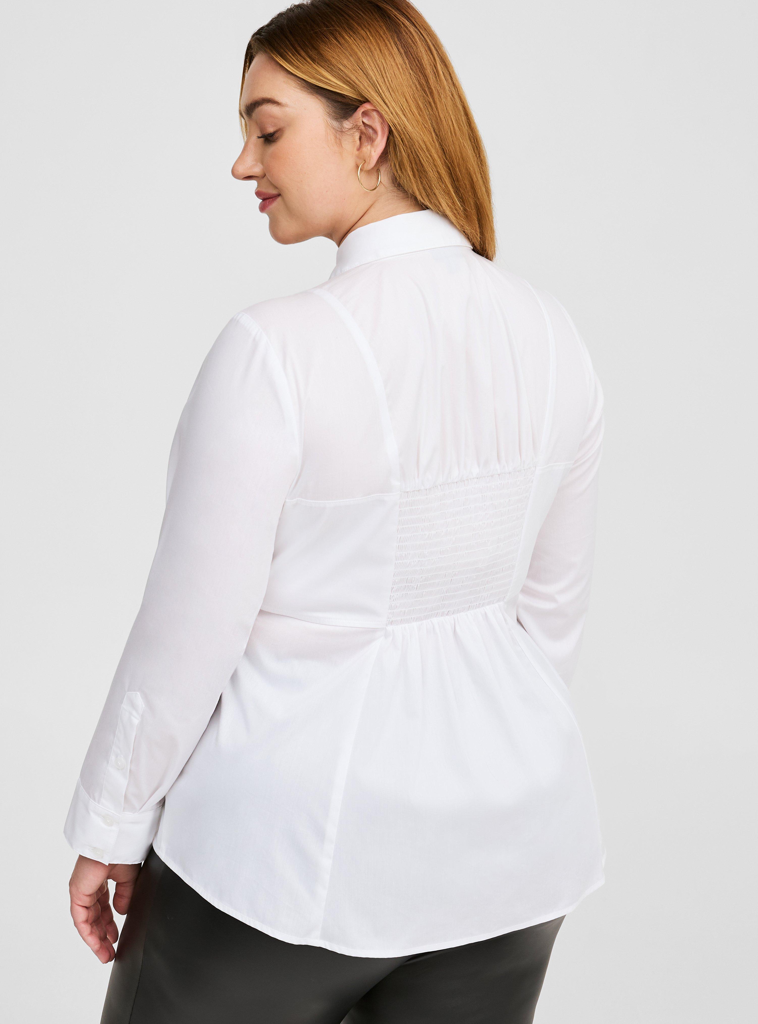 Plus Size - Poplin Corset Detail Smocked Back Button Up Shirt - Torrid