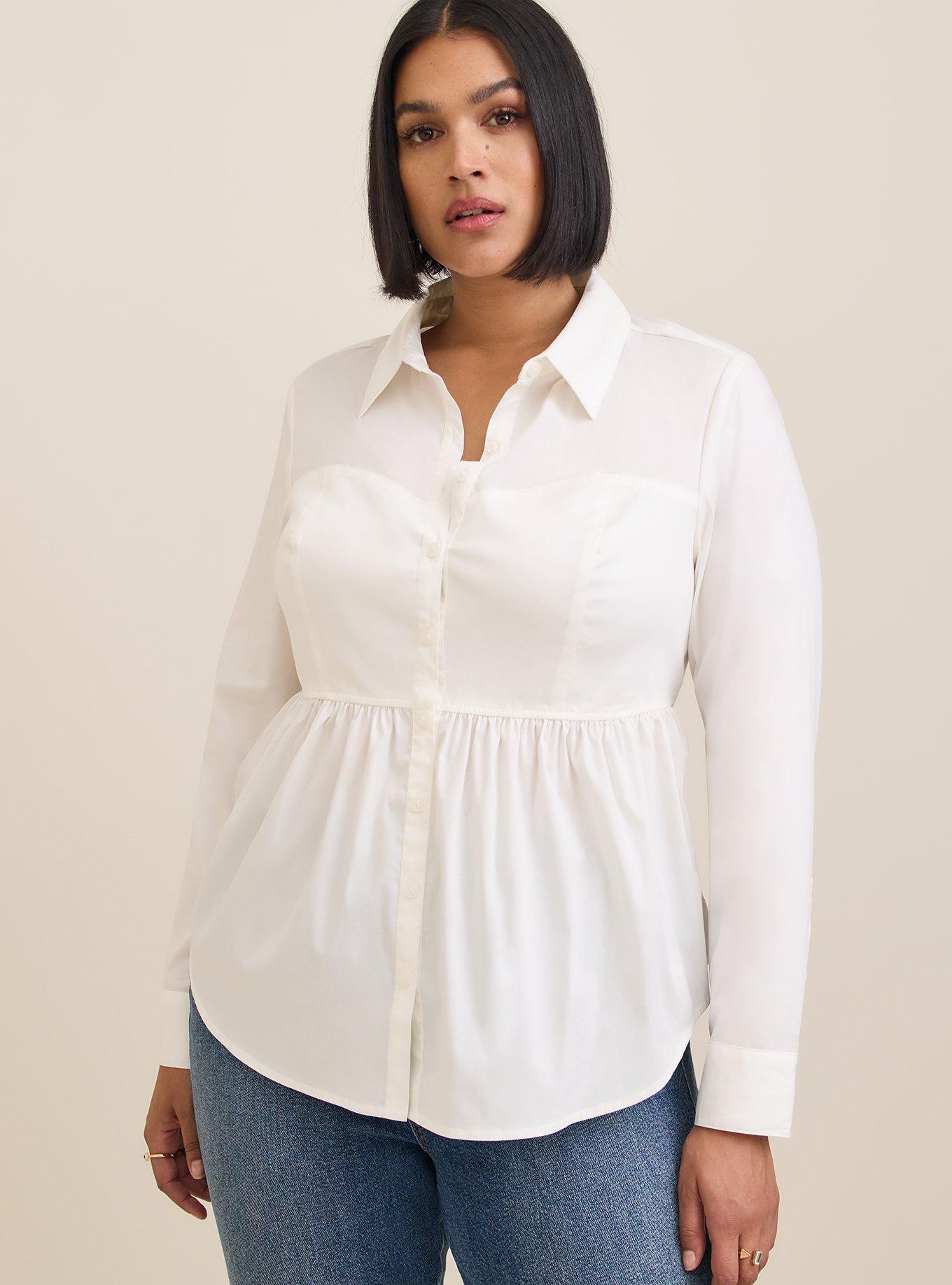 Plus Size - Poplin Corset Detail Smocked Back Button Up Shirt - Torrid