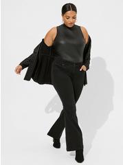 Plus Size Faux Leather Mock Neck Sleeveless Bodysuit, DEEP BLACK, alternate