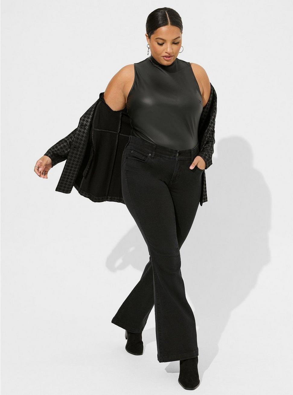 Plus Size Faux Leather Mock Neck Sleeveless Bodysuit, DEEP BLACK, alternate