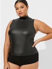 Plus Size Faux Leather Mock Neck Sleeveless Bodysuit, DEEP BLACK, hi-res