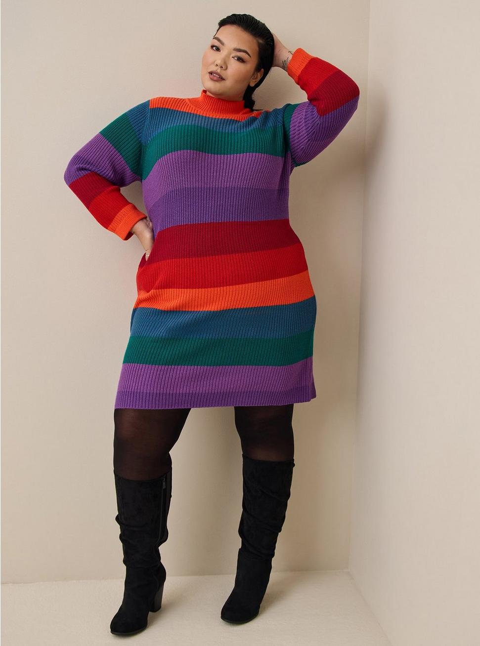Plus Size Mini Cotton Acrylic Sweater Dress, STRIPE MULTI, hi-res