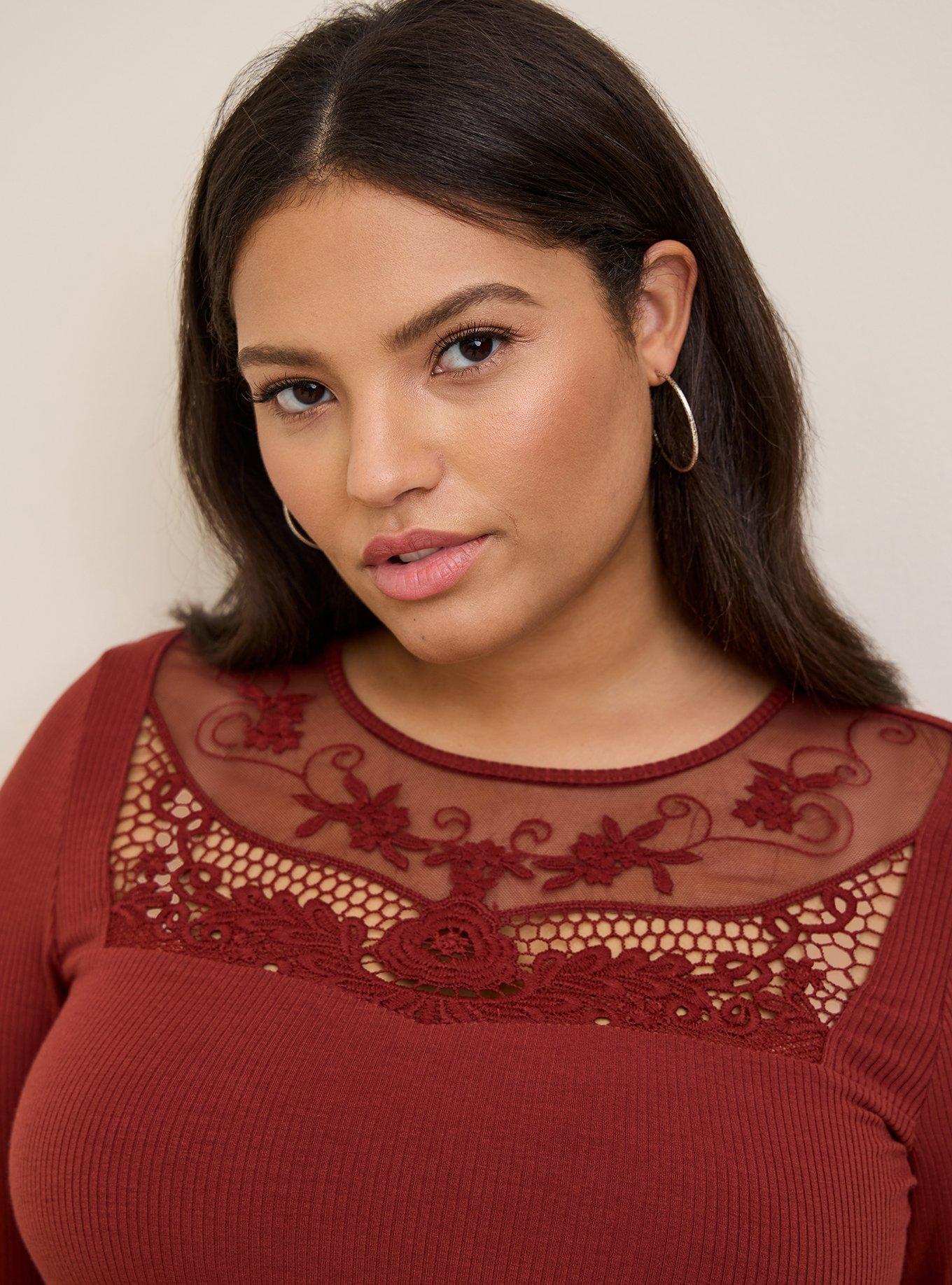 Knit Rib Crochet Neck Long Sleeve Top