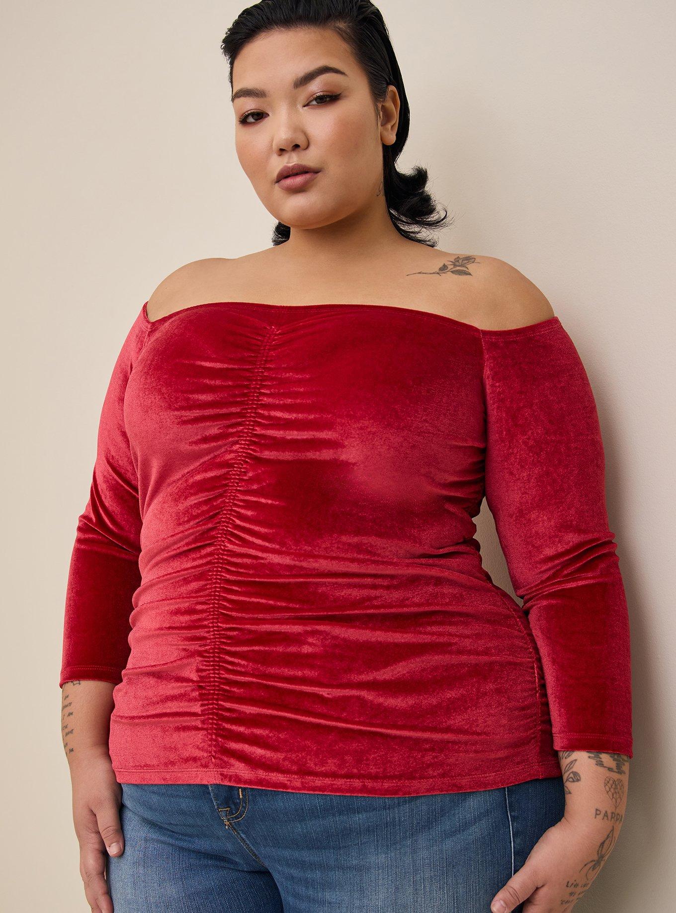 Plus Size - Stretch Velvet Shirred Front Off The Shoulder Top - Torrid