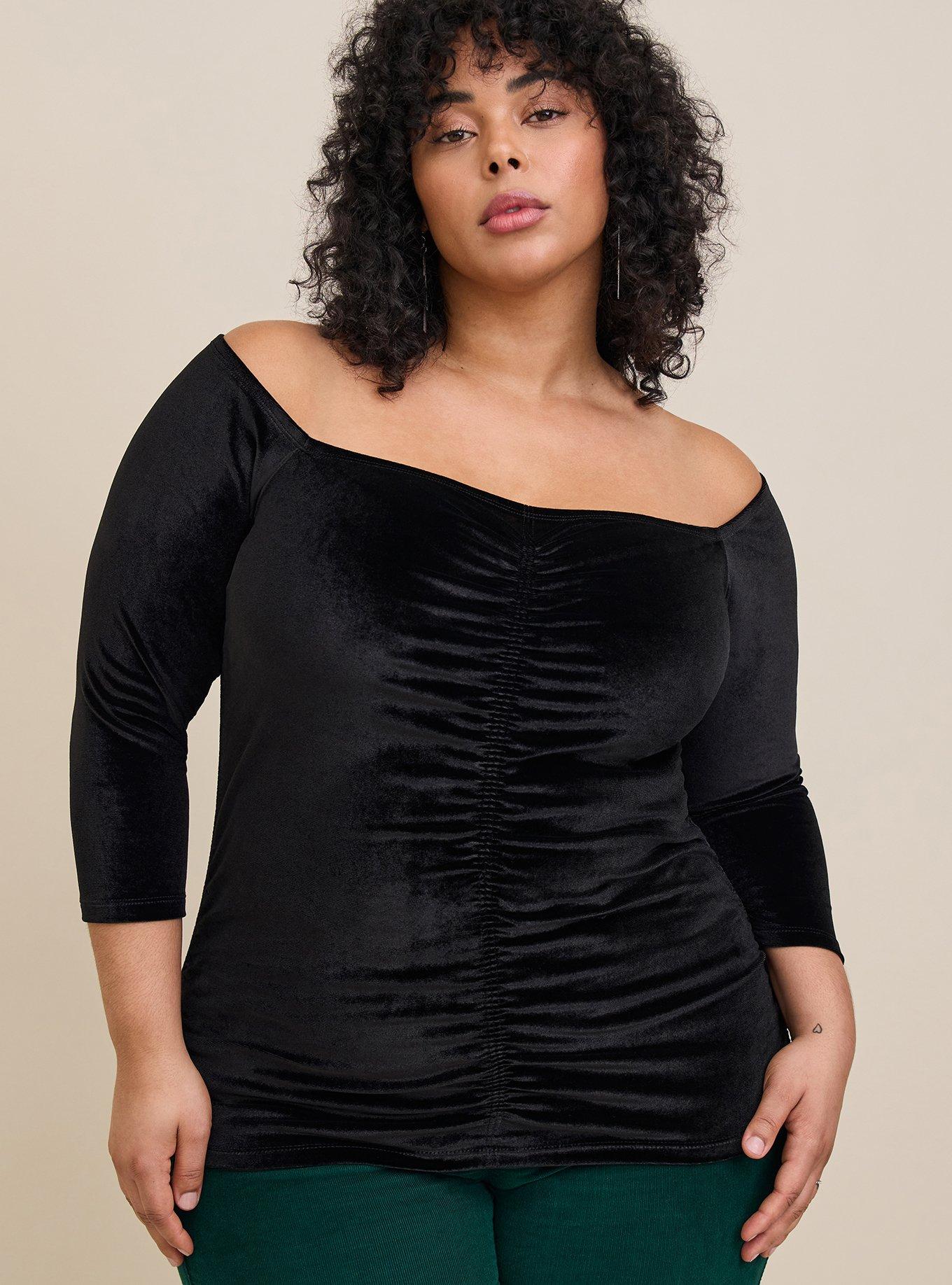 Plus Size - Stretch Velvet Shirred Front Off The Shoulder Top - Torrid