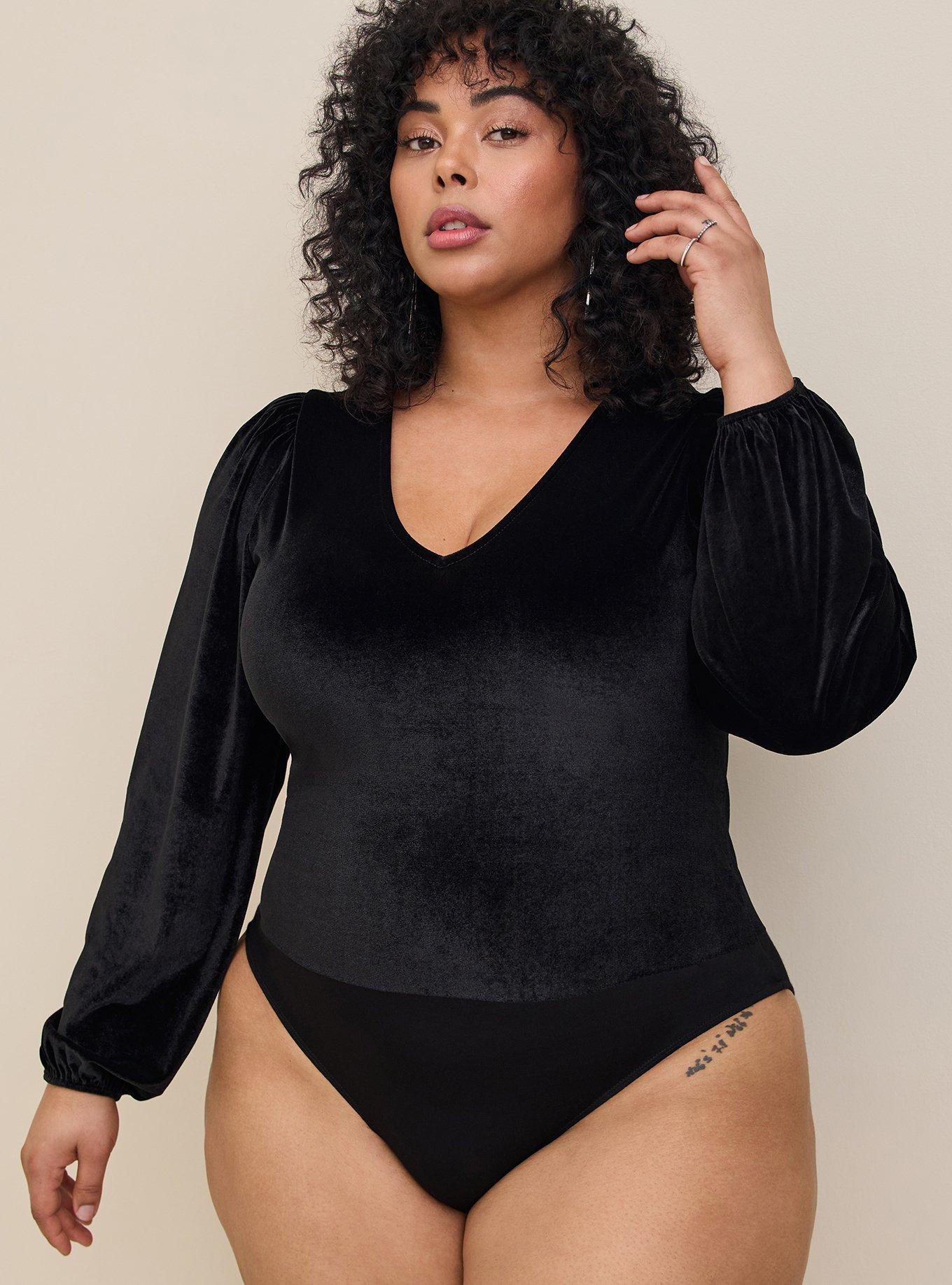 Stretch Velvet V-Neck Long Sleeve Bodysuit, DEEP BLACK, alternate