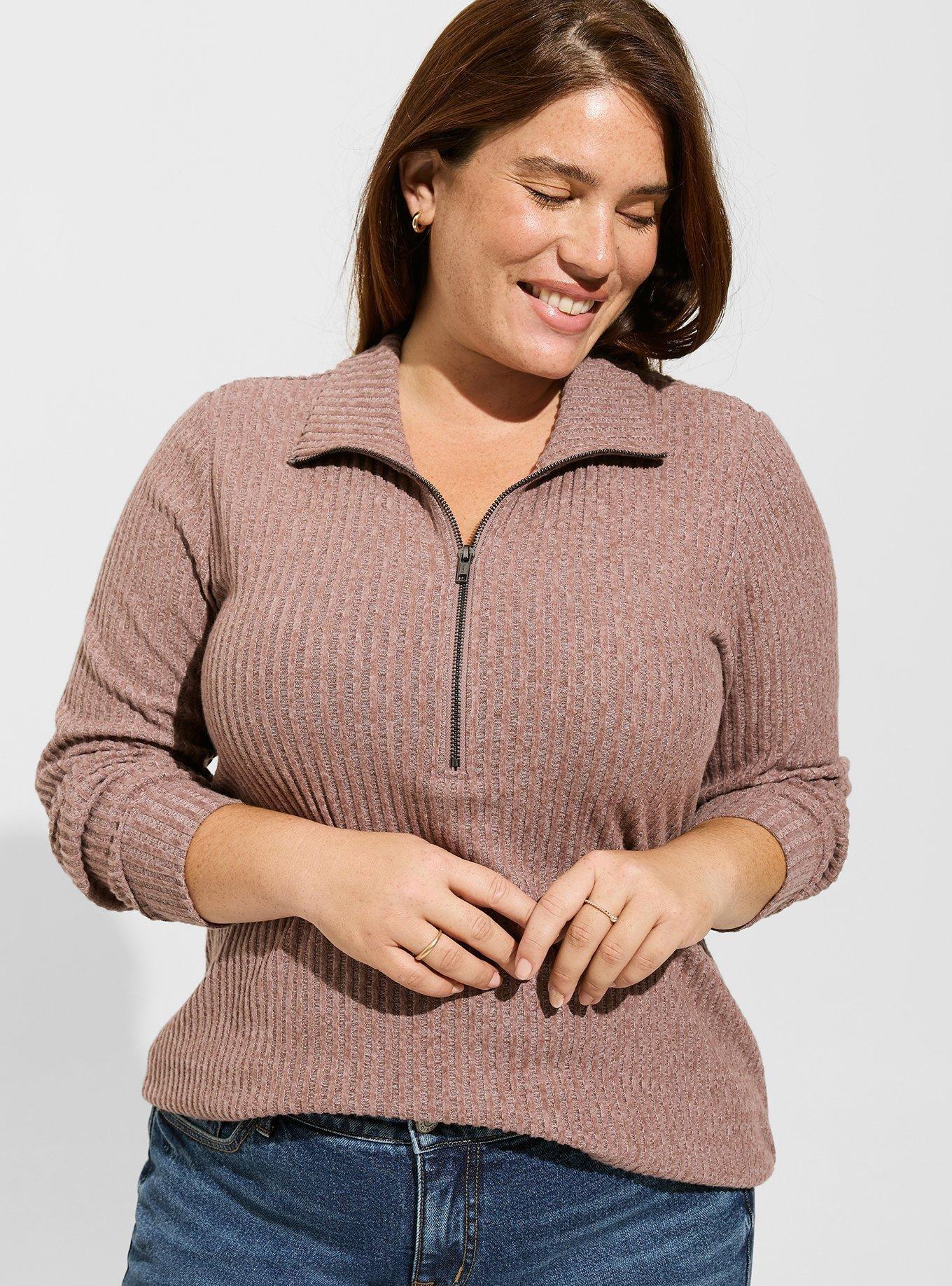 Plus Size - Relaxed Fit Super Soft Plush Rib Quarter Zip Sweatshirt - Torrid