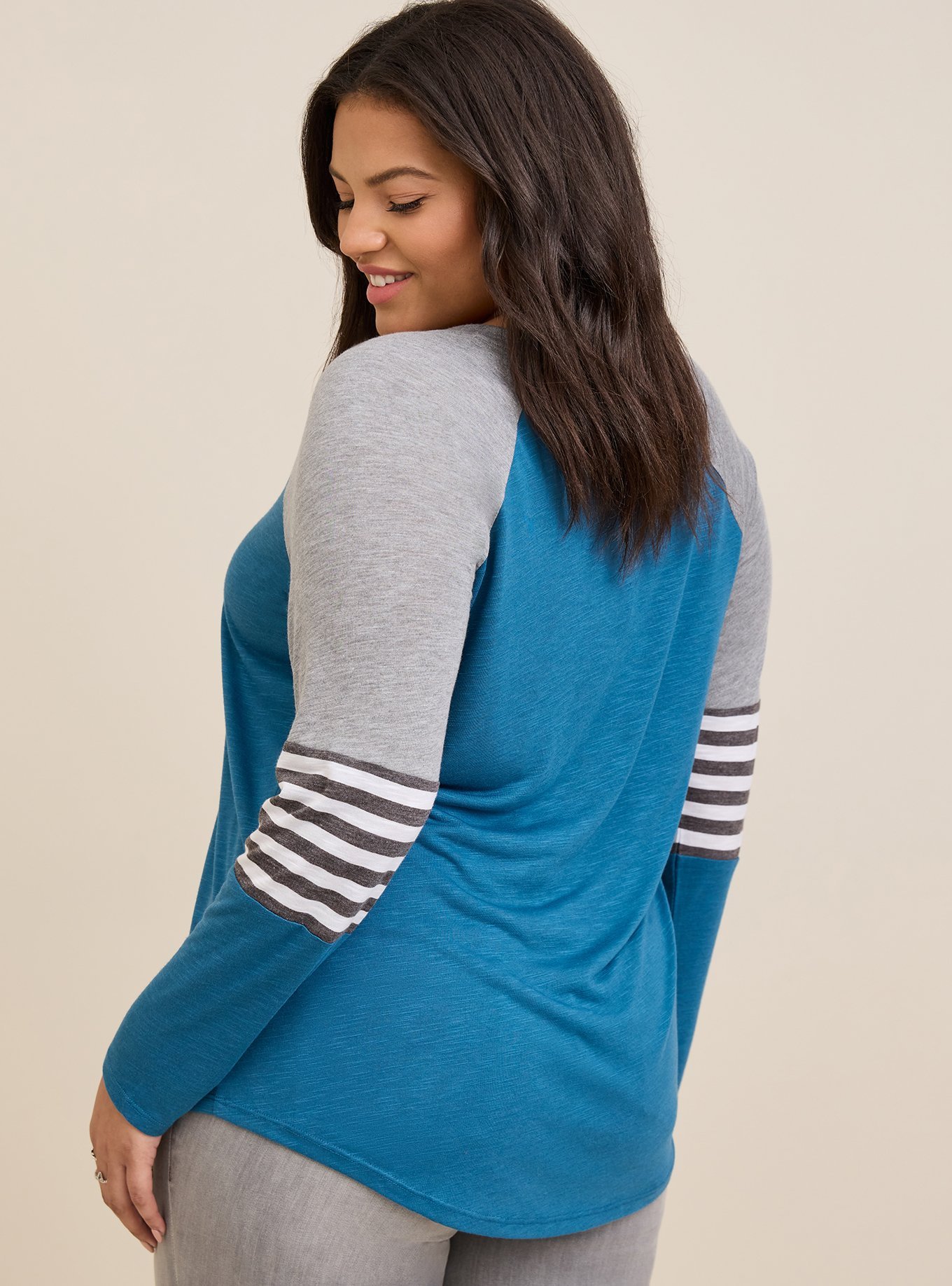 Plus Size - Feather Soft Slub V-Neck Varsity Raglan Tee - Torrid