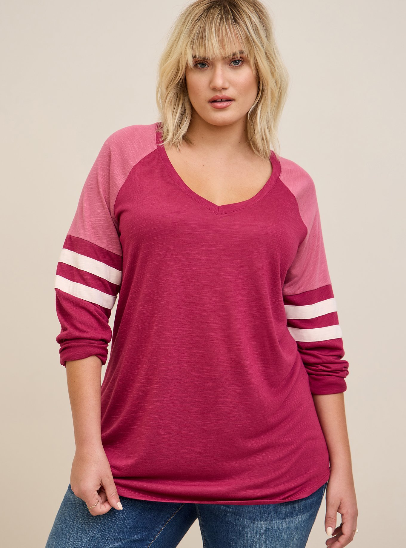Plus Size - Feather Soft Slub V-Neck Varsity Raglan Tee - Torrid