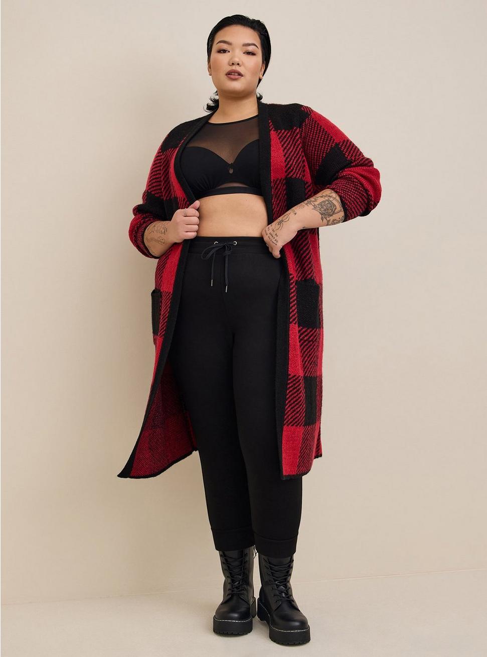 Duster Open Front Sweater , RED BLACK, hi-res