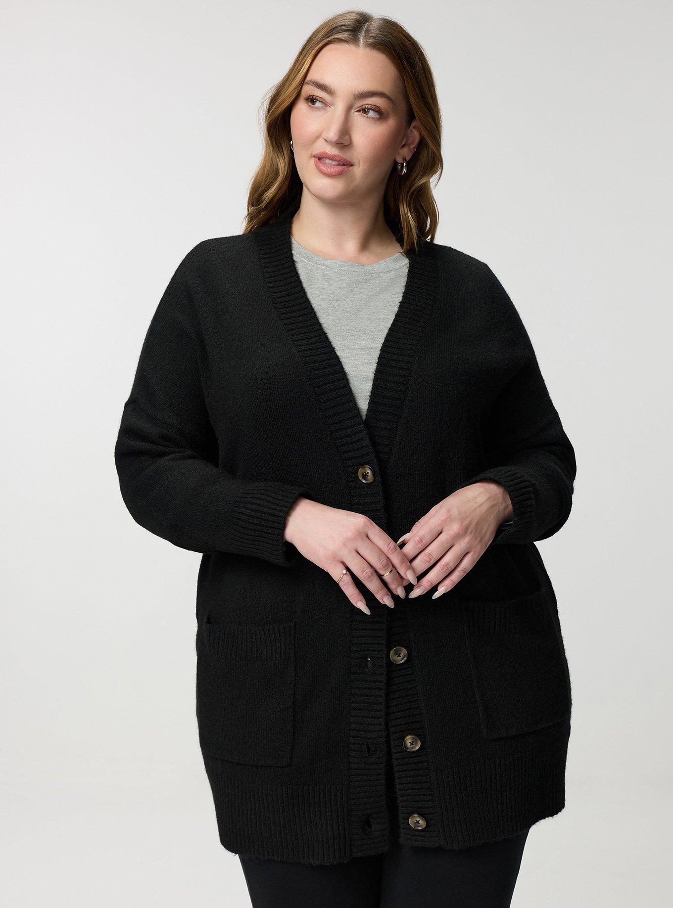 Vegan Cashmere Boyfriend Cardigan, DEEP BLACK, hi-res