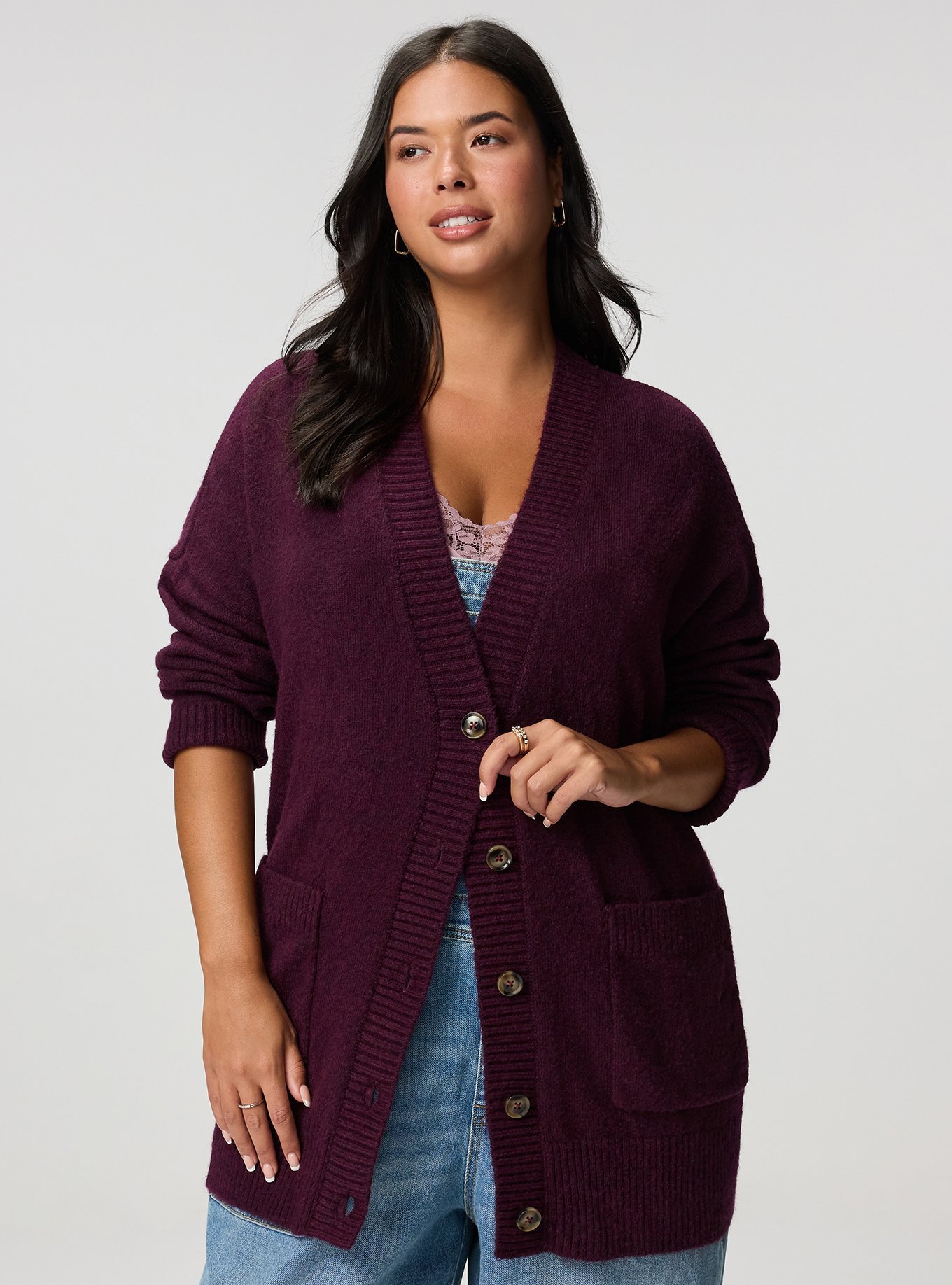 Vegan Cashmere Boyfriend Cardigan, POTENT PURPLE, hi-res