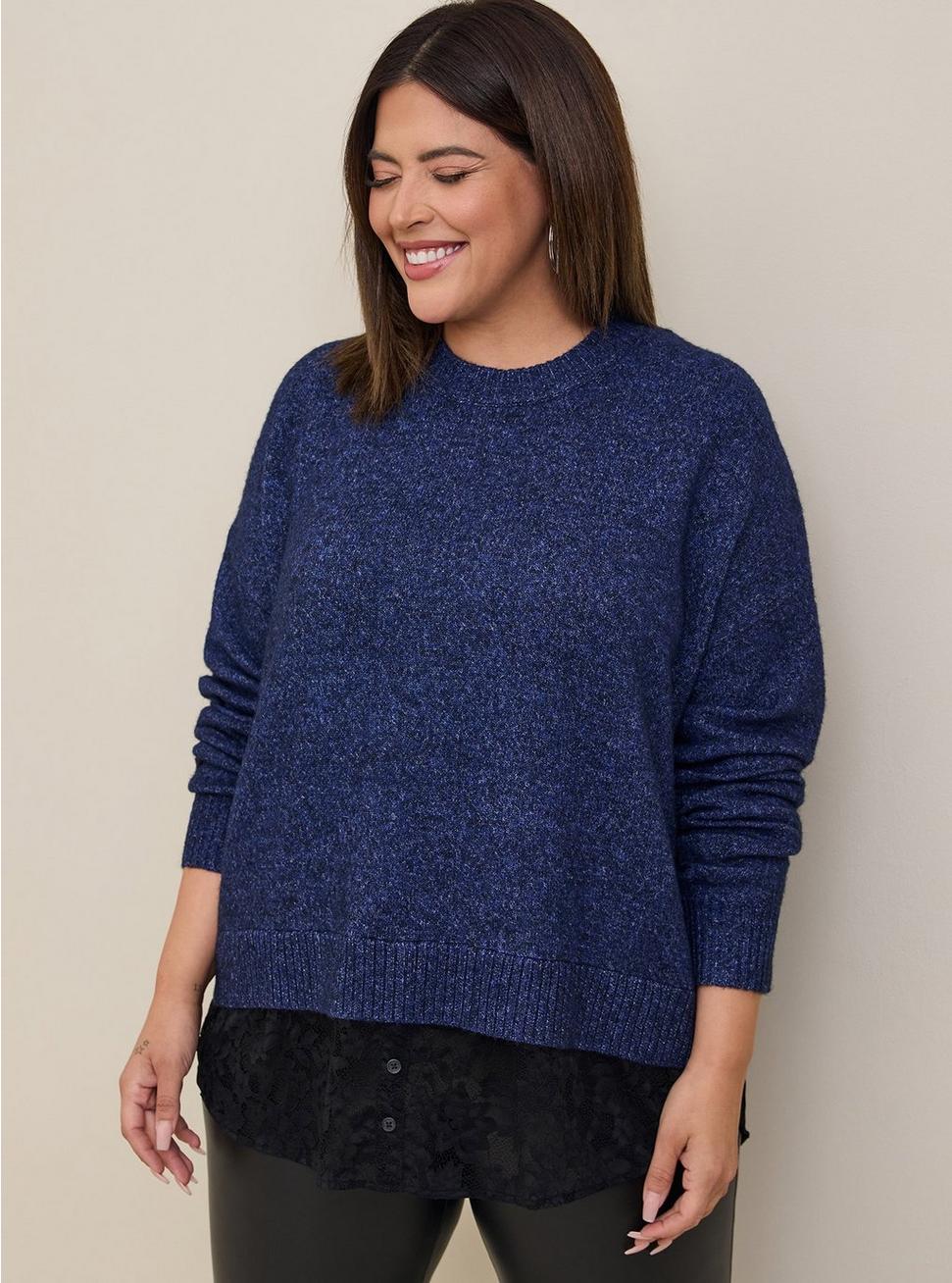 Vegan Cashmere Pullover 2-Fer Sweater, BLUE, hi-res